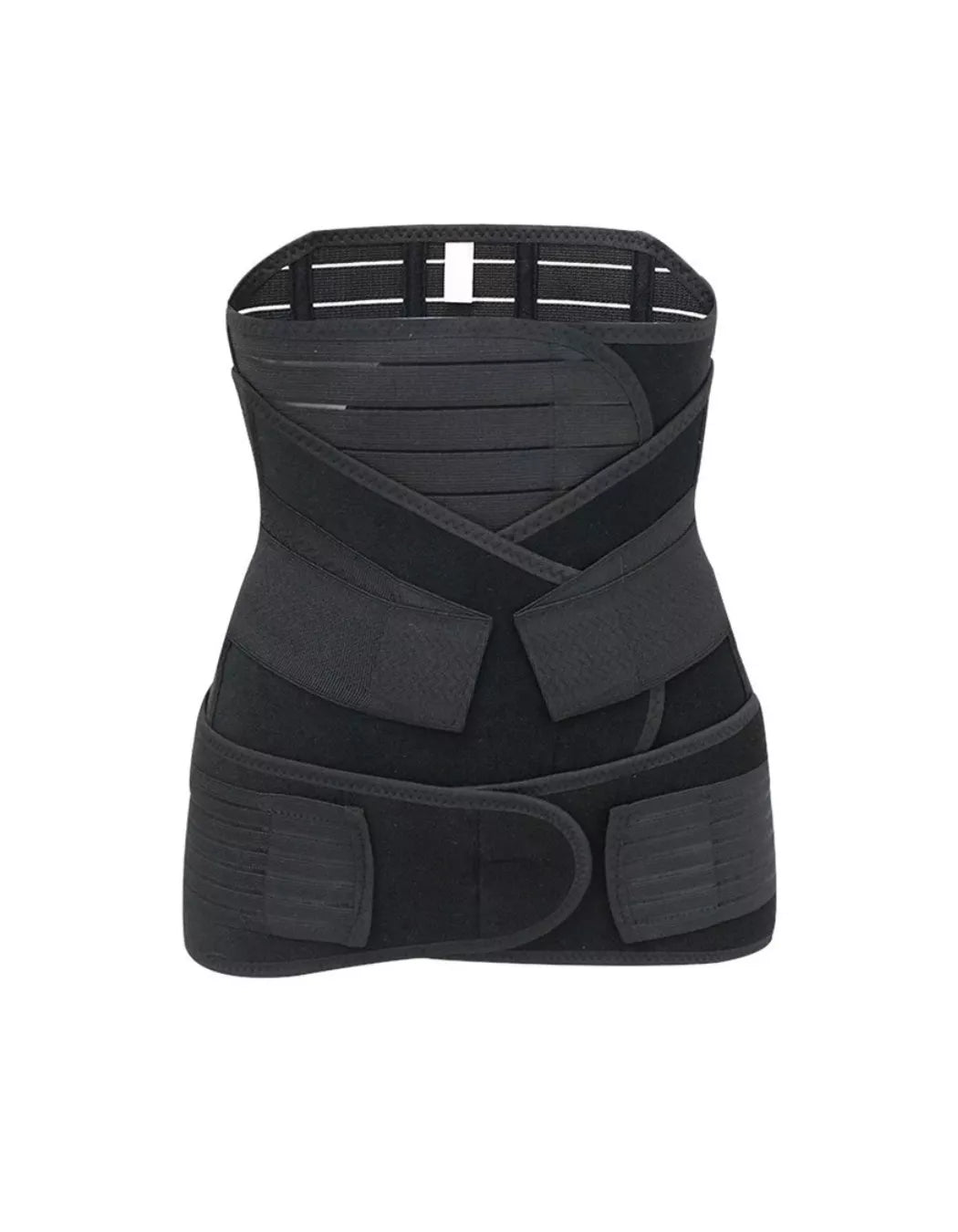 3-in-1 black Postpartum recovery Belly band with adjustable waist, belly, and pelvic support on a white background.