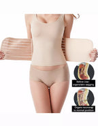 A woman wearing a beige abdominal binder support belt with before and after illustrations on a white background.