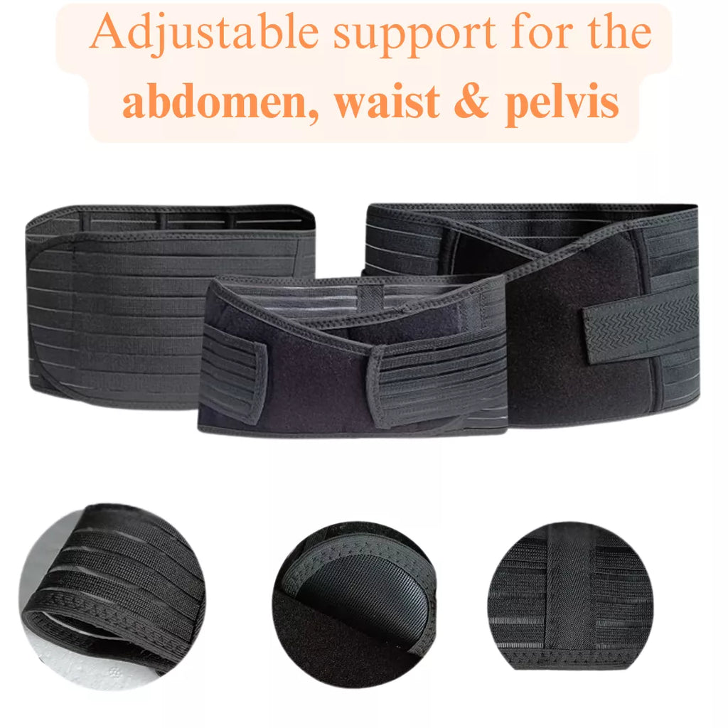 Black adjustable postpartum support belt for abdomen, waist, and pelvis with close-up details on a white background.