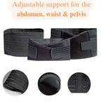 Black adjustable postpartum support belt for abdomen, waist, and pelvis with close-up details on a white background.