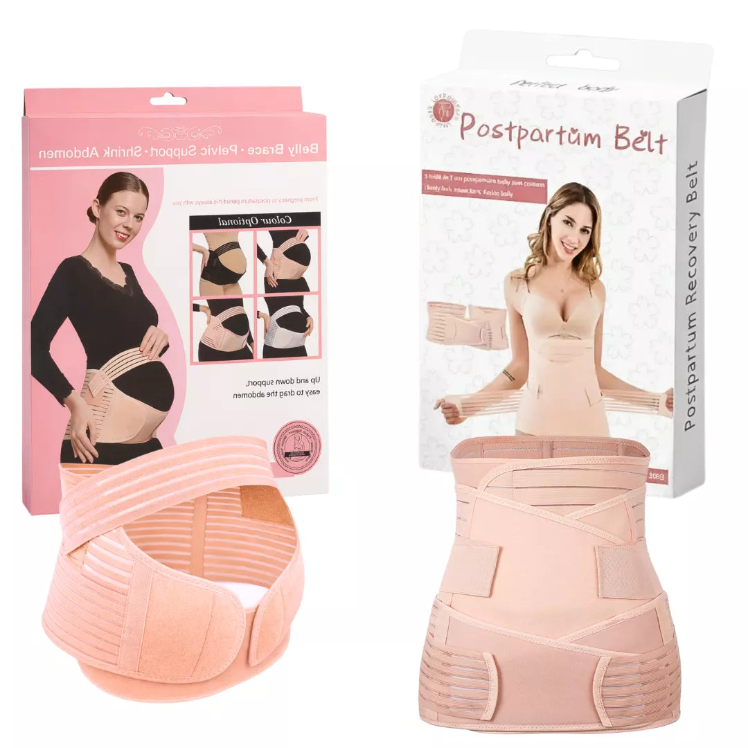 Beige postpartum girdle with 3-in-1 belly support belt bundle with retail packaging on a white background.