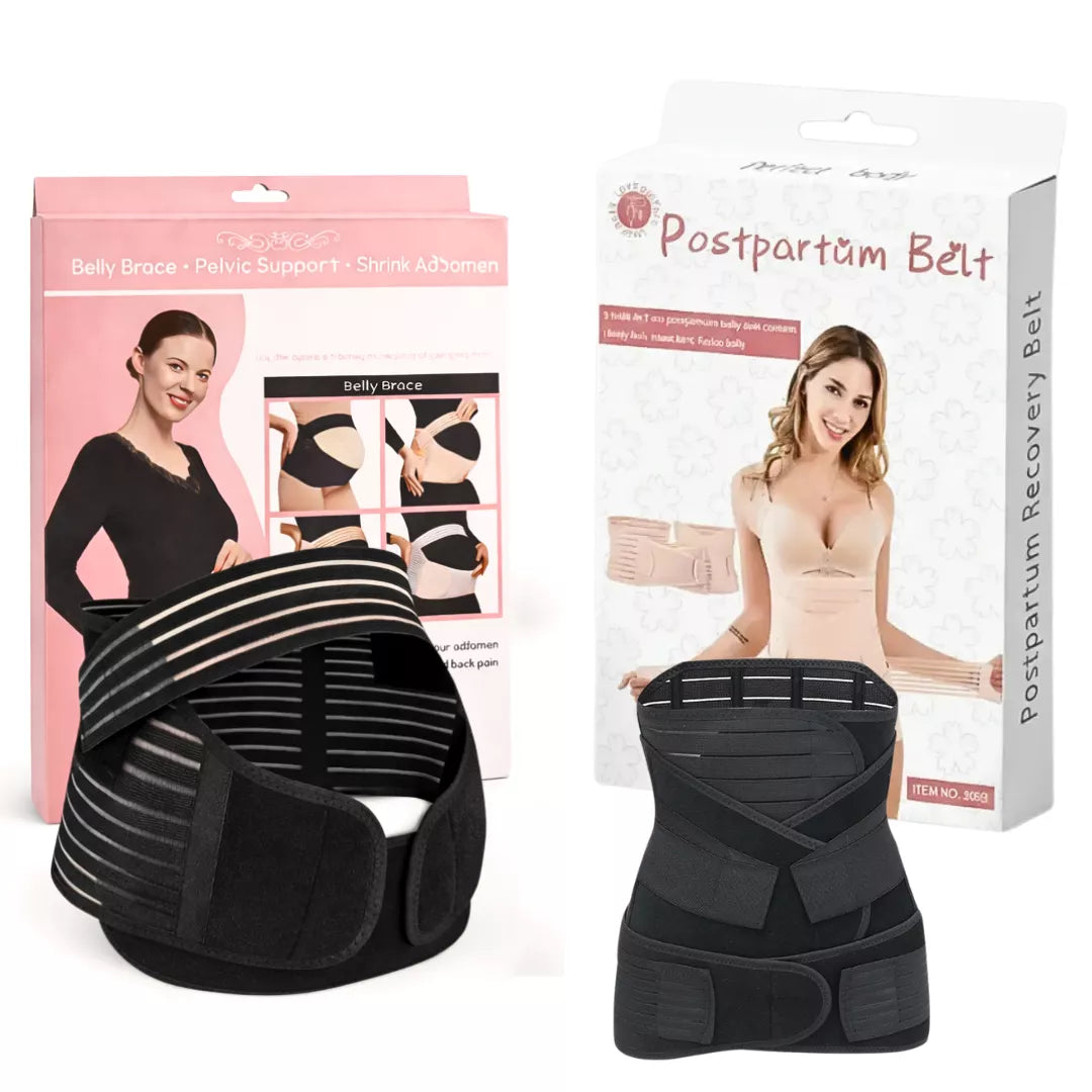 Black postpartum recovery belt and 3-in-1 belly support band bundle with retail packaging on a white background.