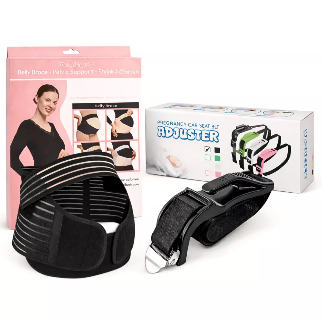 Black pregnancy comfort bundle with belly support band and car seat belt adjuster with packaging on white background.