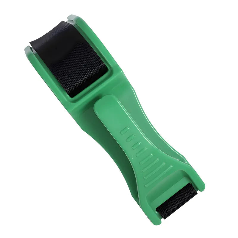 A green car seat belt extender with a black strap, designed to keep the lap belt away from the growing belly for mom-to-be.