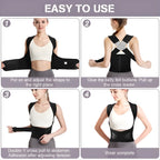 Step-by-step guide showing how to wear and adjust a posture corrector  brace on a woman