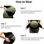 Instructions on how to wear a belly support band with three steps shown.