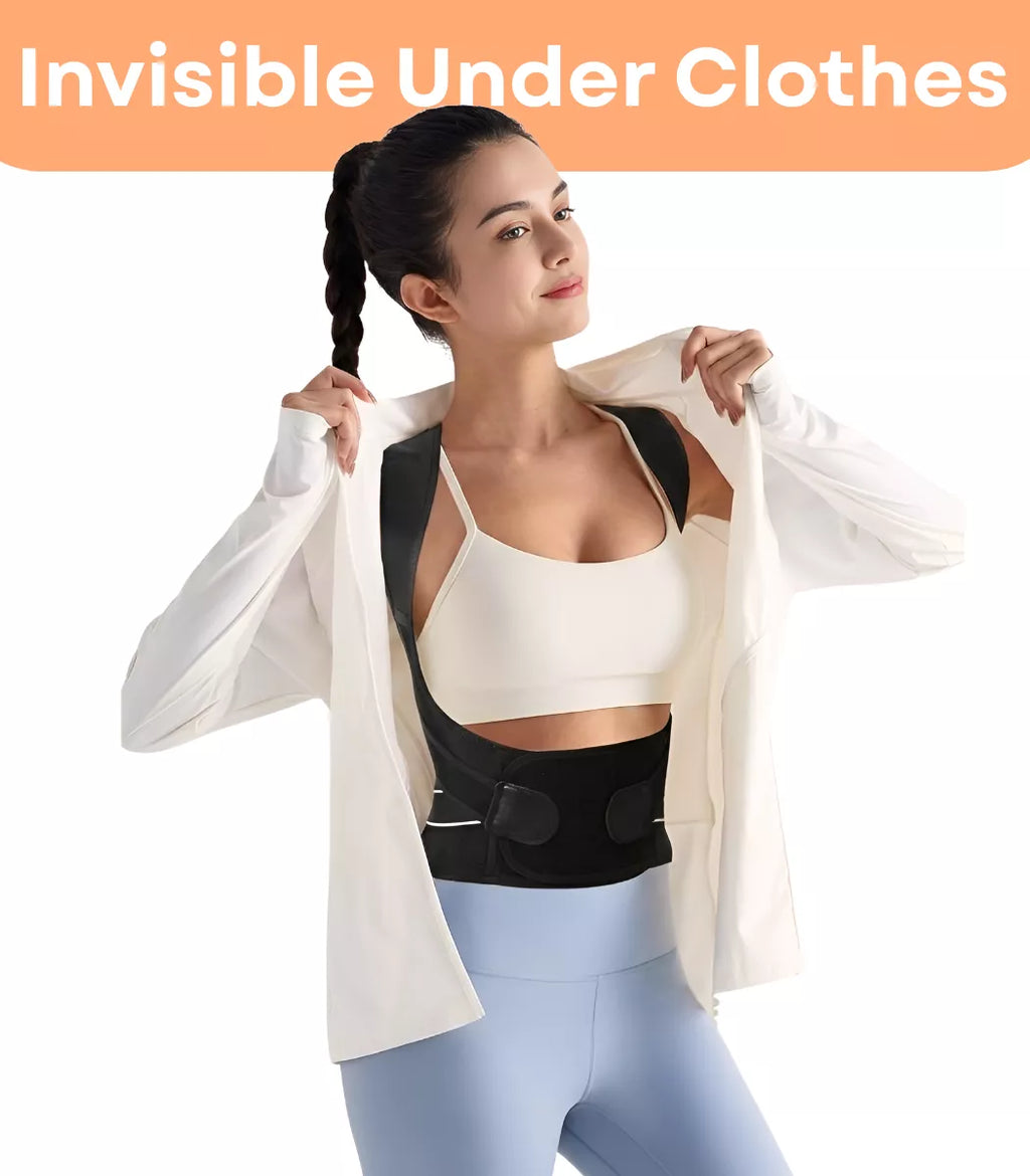Woman wearing a black posture corrector brace under a white shirt, showing discreet back support on a white background.