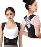 Woman wearing a black posture corrector belt showing front and back views on a white background.