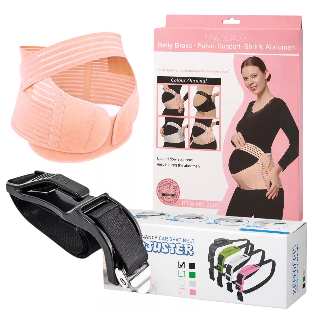 Pregnancy comfort bundle with belly support band and car seat belt adjuster with packaging on white background
