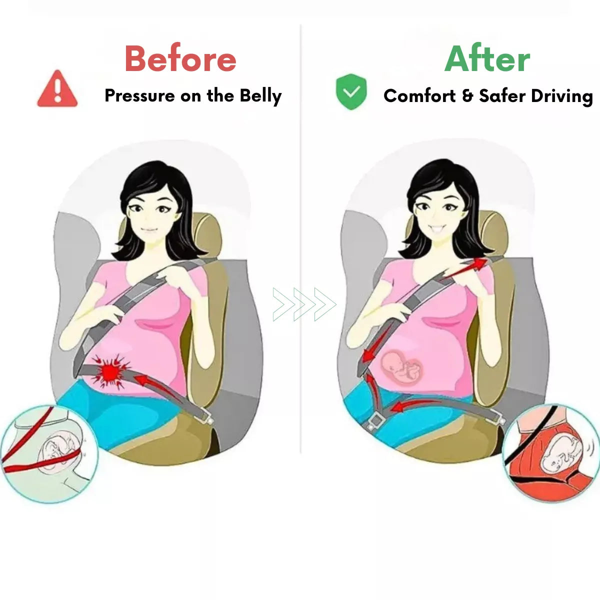 A pregnant woman is showing before and after use of seat belt extender while seated in car with in white background.