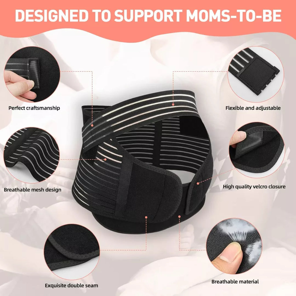 Black pregnancy bump support belt design showing adjustable straps, breathable mesh fabric, Velcro closure & stitching.