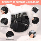 Black pregnancy bump support belt design showing adjustable straps, breathable mesh fabric, Velcro closure & stitching.